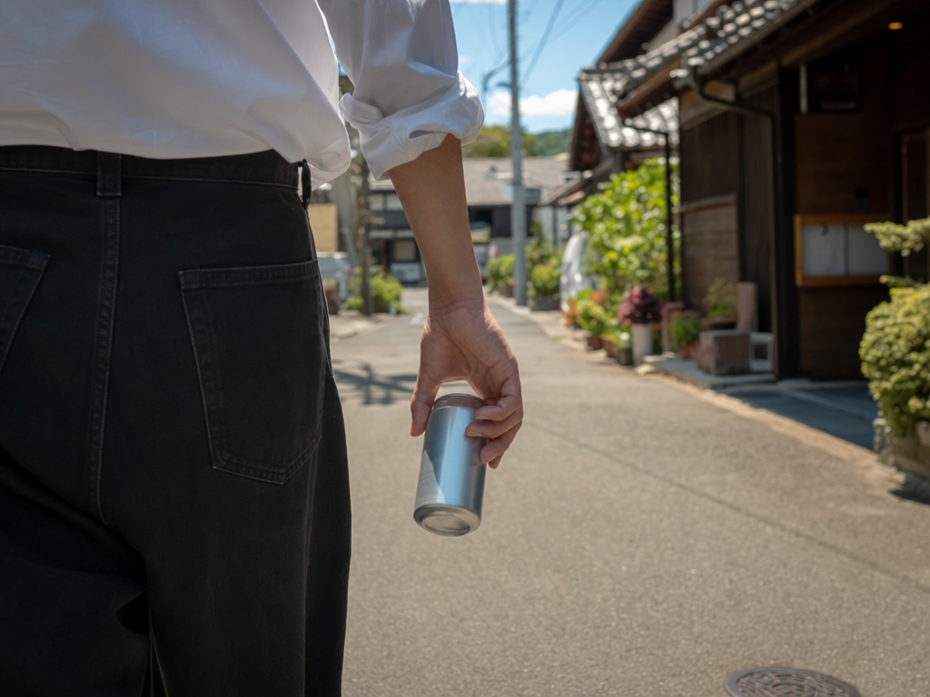 A hand carrying a single empty aluminum can down a sunlit Japanese residential street