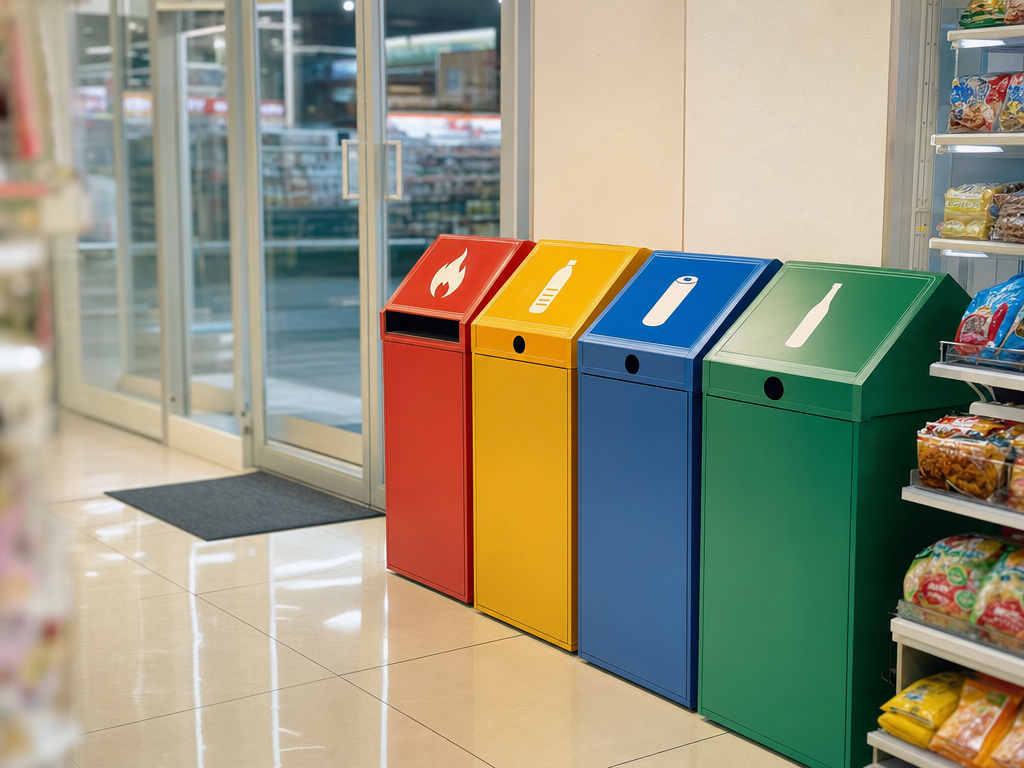 Tidy row of four colour-coded waste bins inside a Japanese convenience store entrance