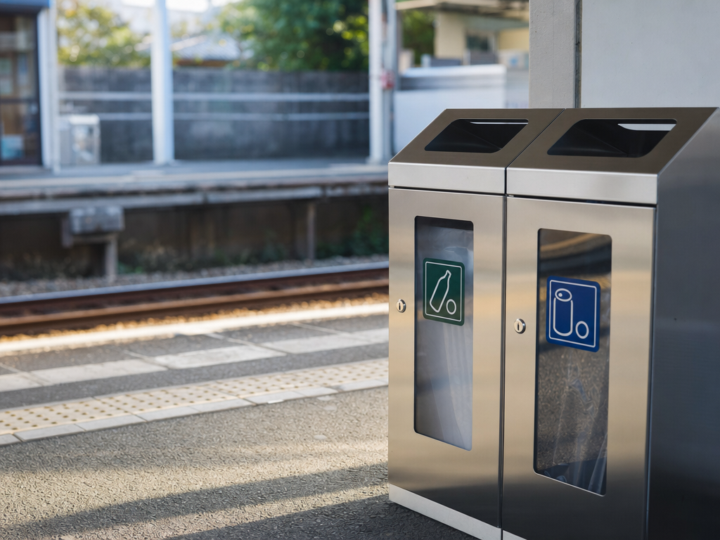 Pair of slim stainless-steel platform bins on a quiet Japanese train station platform