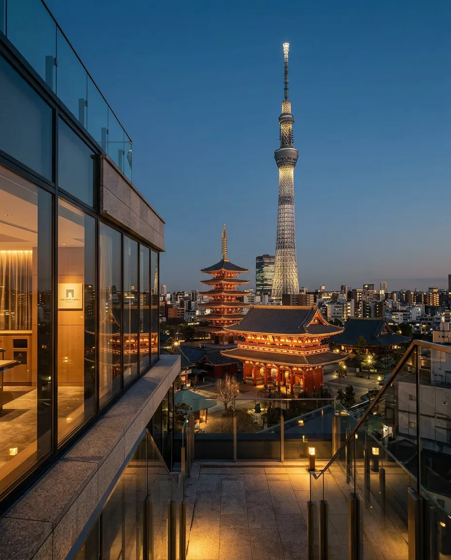 Hotel rooftop terrace overlooking Sensō-ji and Tokyo Skytree
