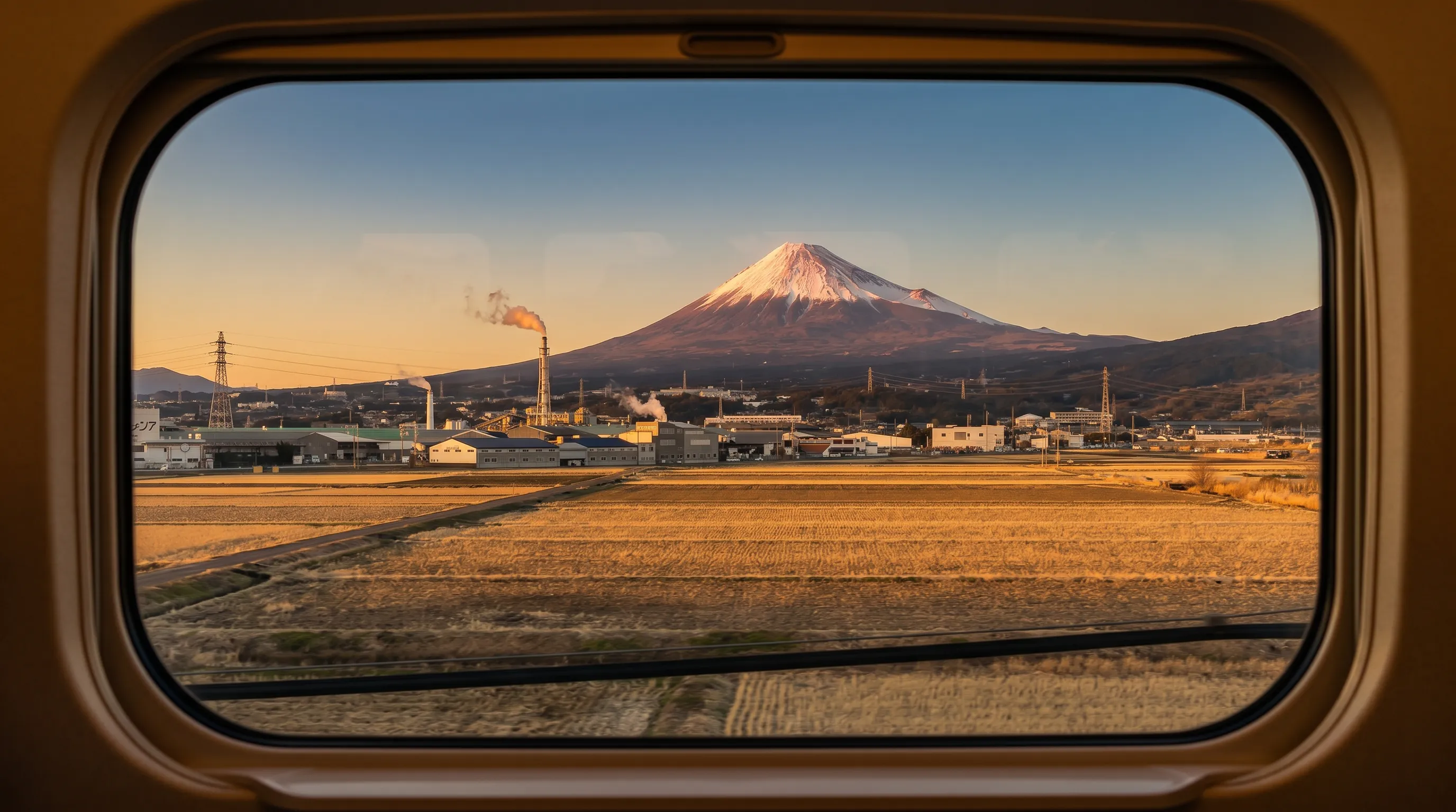 Mt Fuji from the Shinkansen at golden hour