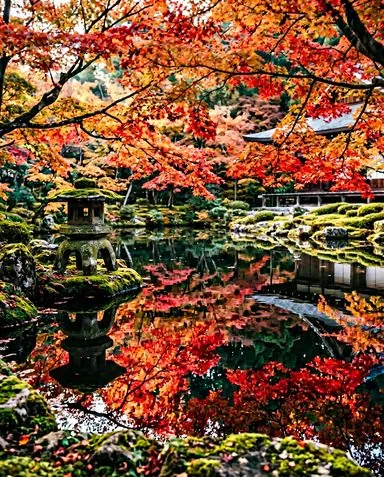 Autumn maple reflection in a Kansai temple garden