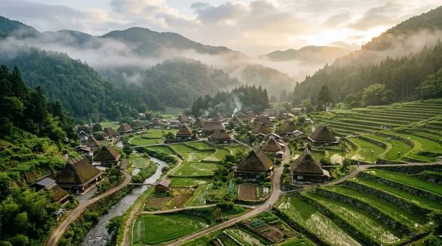 Traditional village shrouded in mountain mist