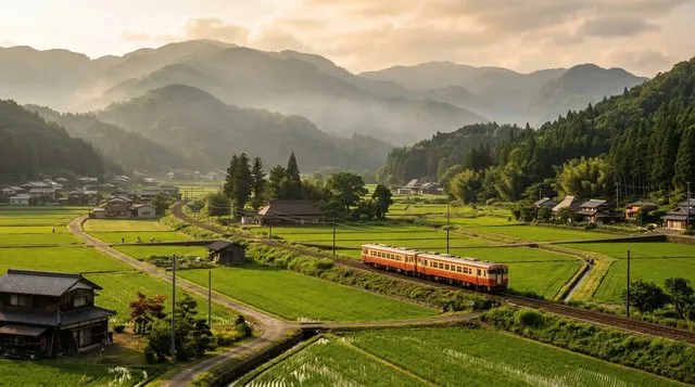 Regional train through rice fields