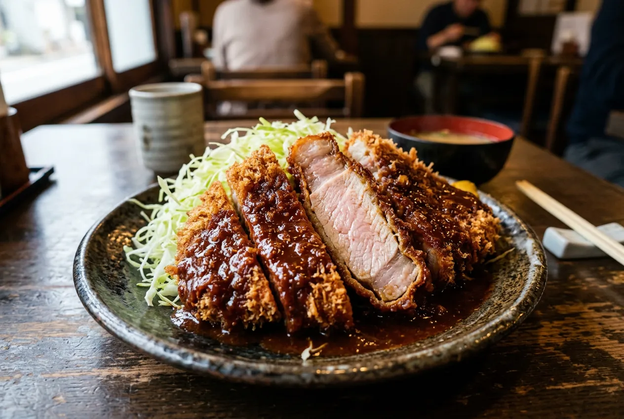 Close-up of thick miso katsu with red miso sauce
