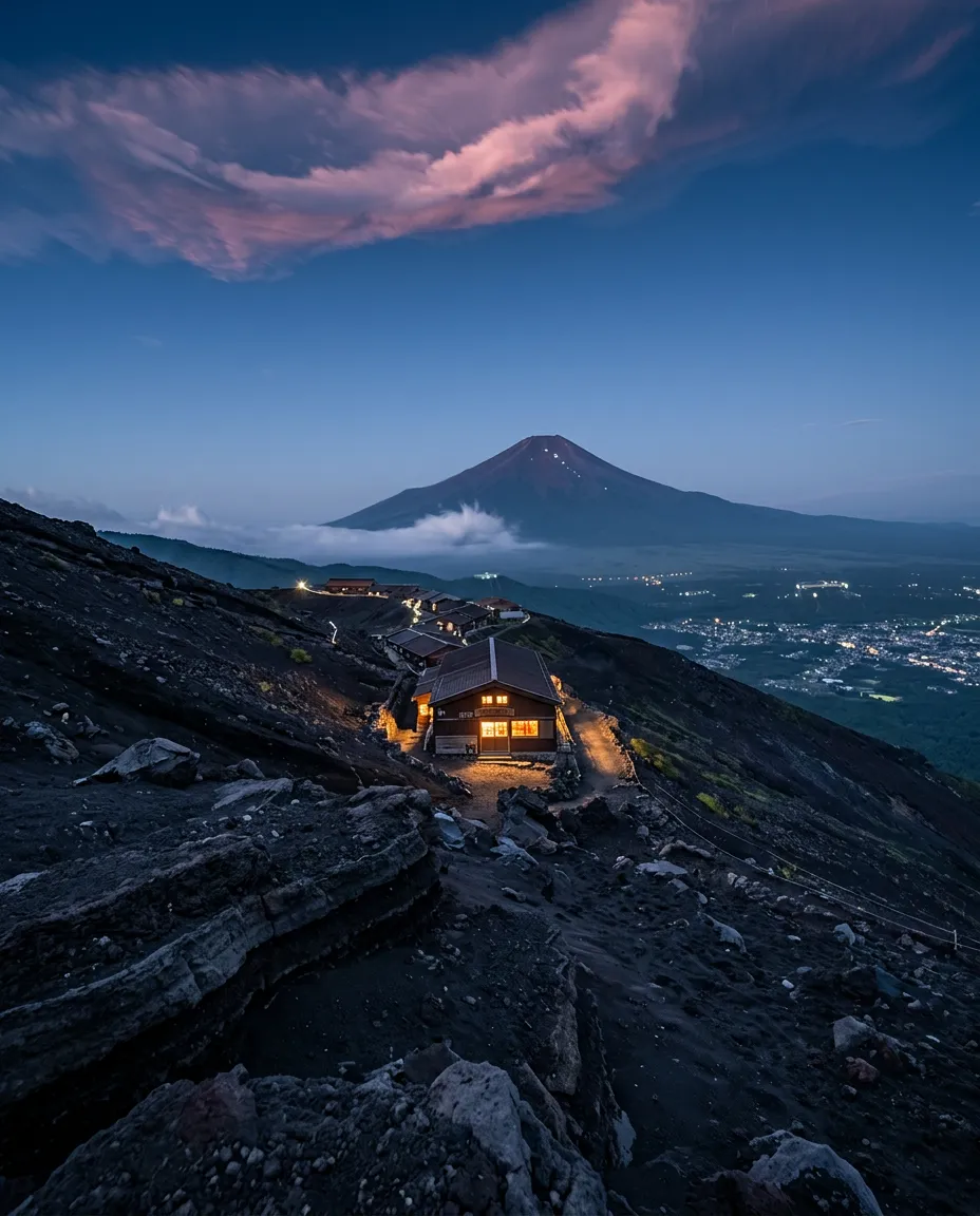 Mountain hut on the upper slopes of Mount Fuji