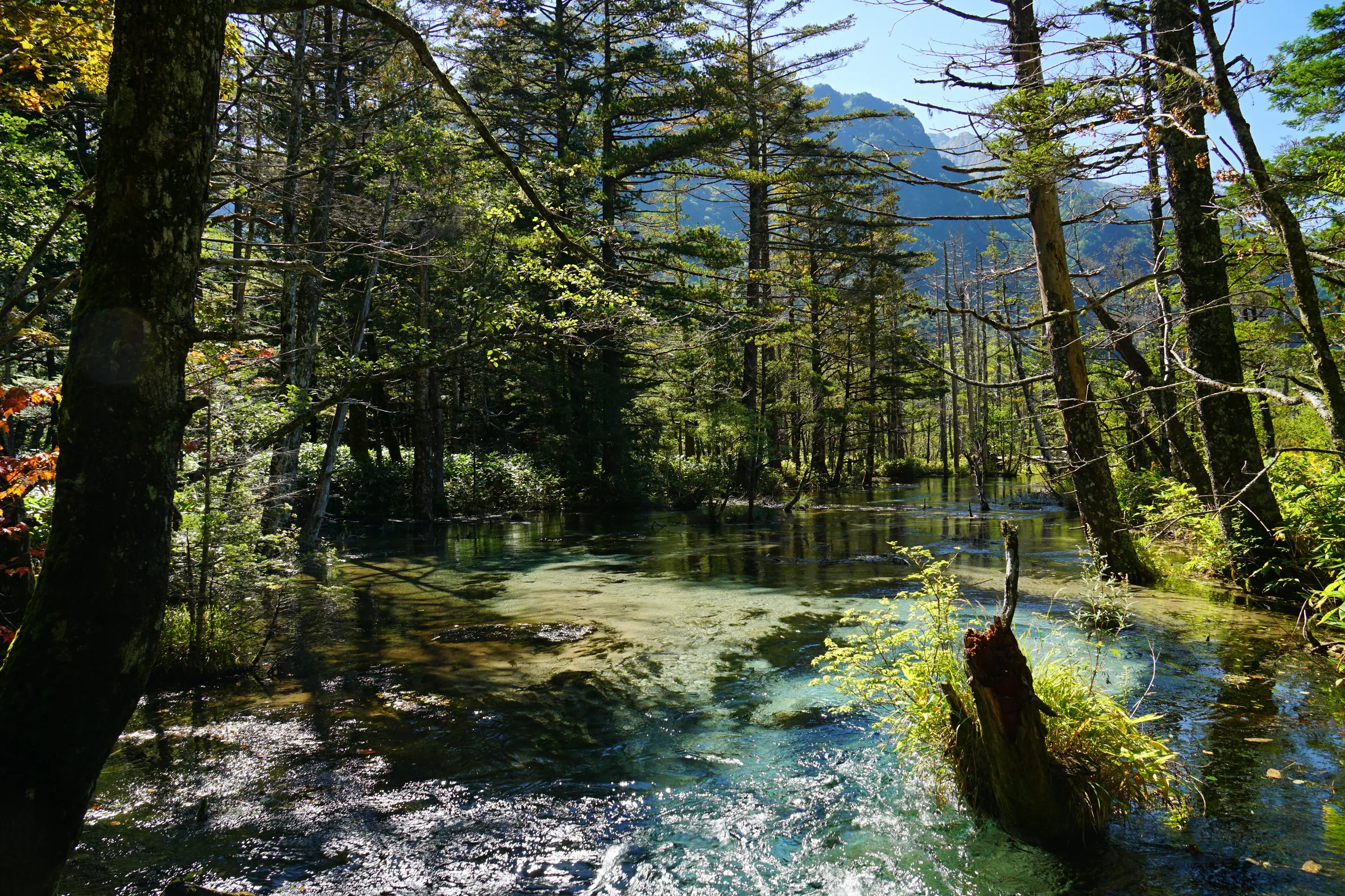 Kappa Bridge over the Azusa River with the Hotaka range behind