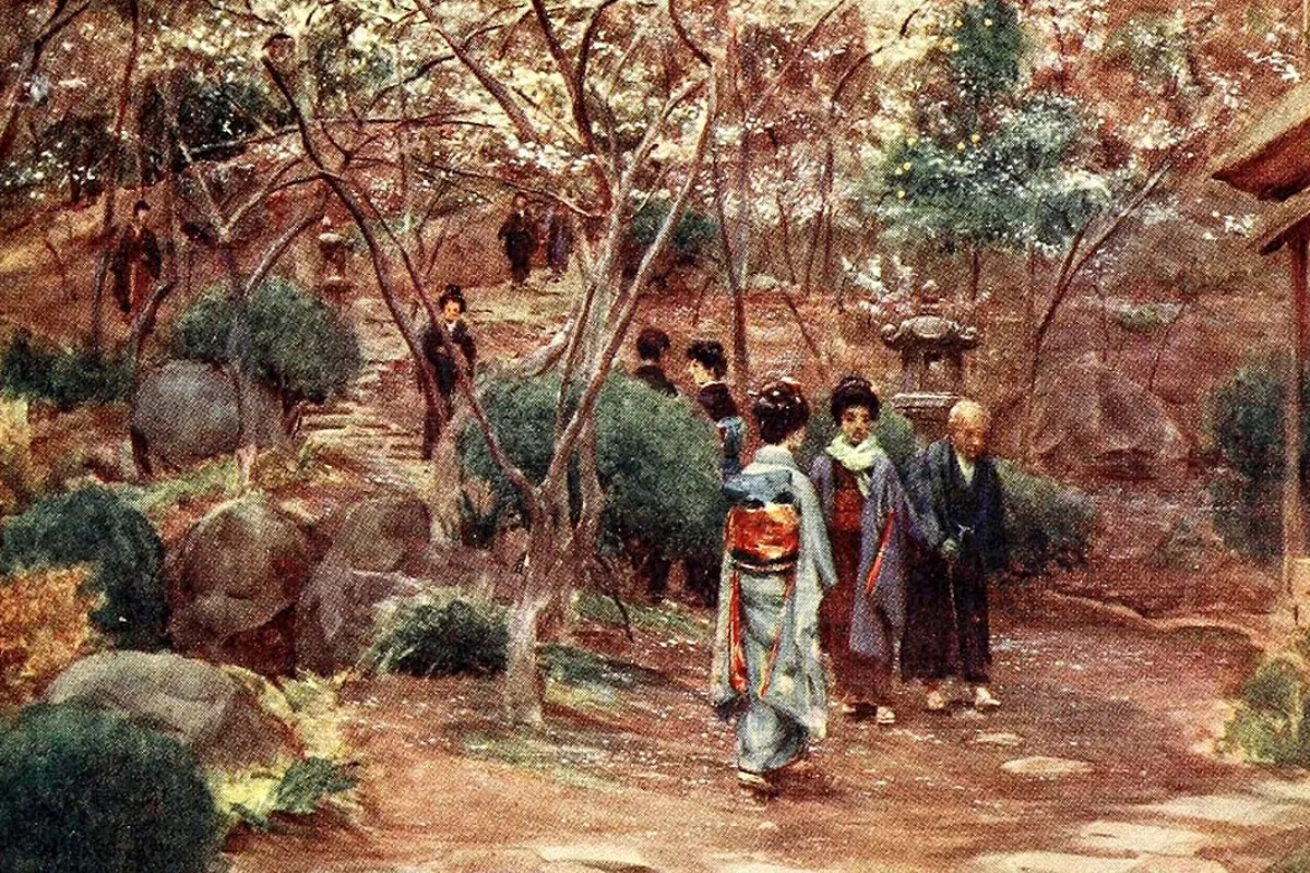 Painting of visitors walking through the Atami plum garden