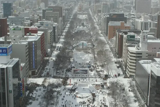 Odori Park in Sapporo lined with snow sculptures during the Snow Festival