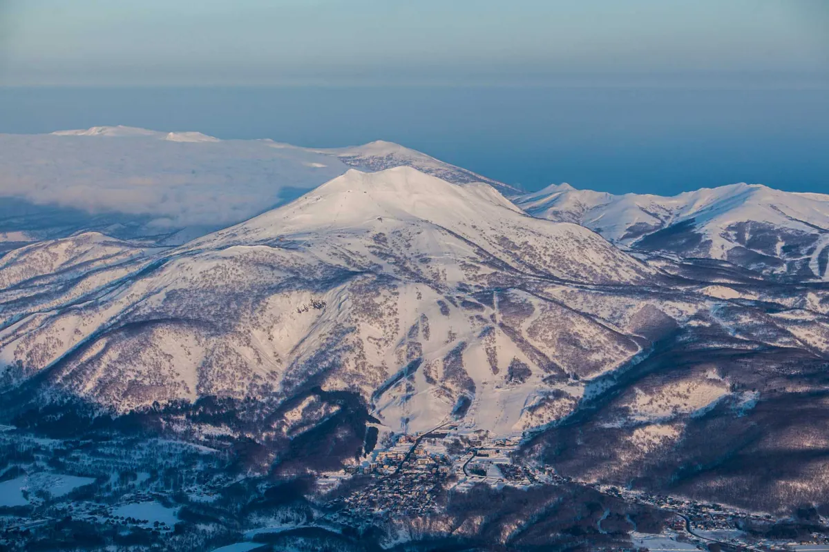 Snow-covered Niseko mountains in Hokkaido seen from the air