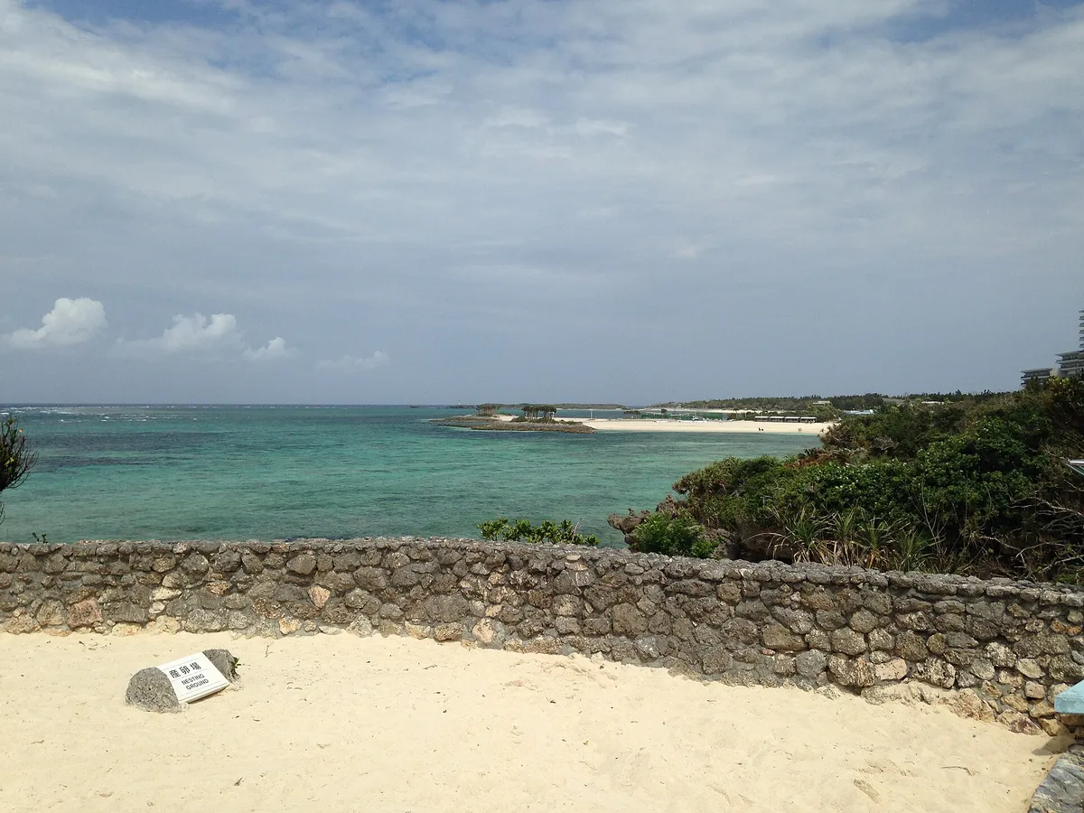 Turquoise sea and a white sand beach on Okinawa's Motobu Peninsula