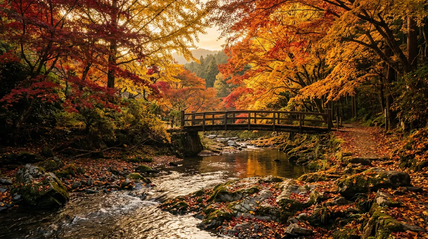 Maple trees in red and gold autumn colour above a mountain stream in Japan