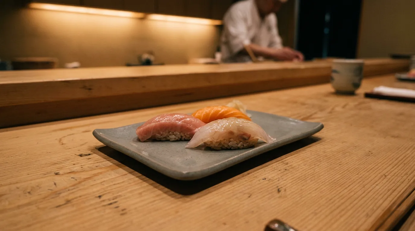 Nigiri sushi at an omakase counter in Japan