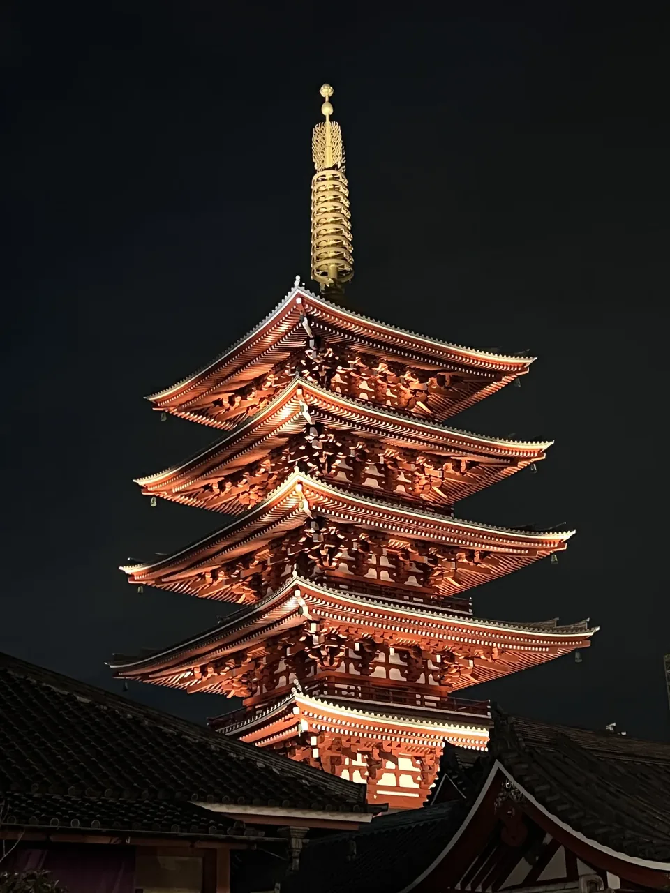 The five-storey pagoda of Senso-ji lit up against the night sky