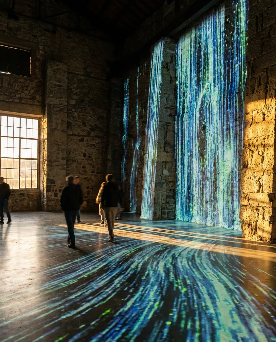 Digital waterfall cascading down walls and across floor