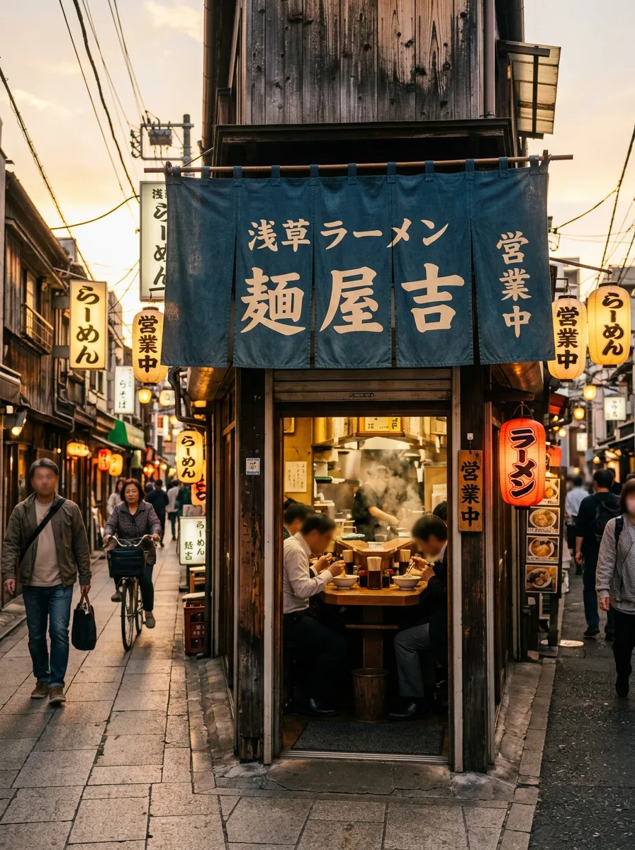 Traditionelle Noren-Vorhänge markieren Ramen-Läden in den Seitenstraßen von Asakusa