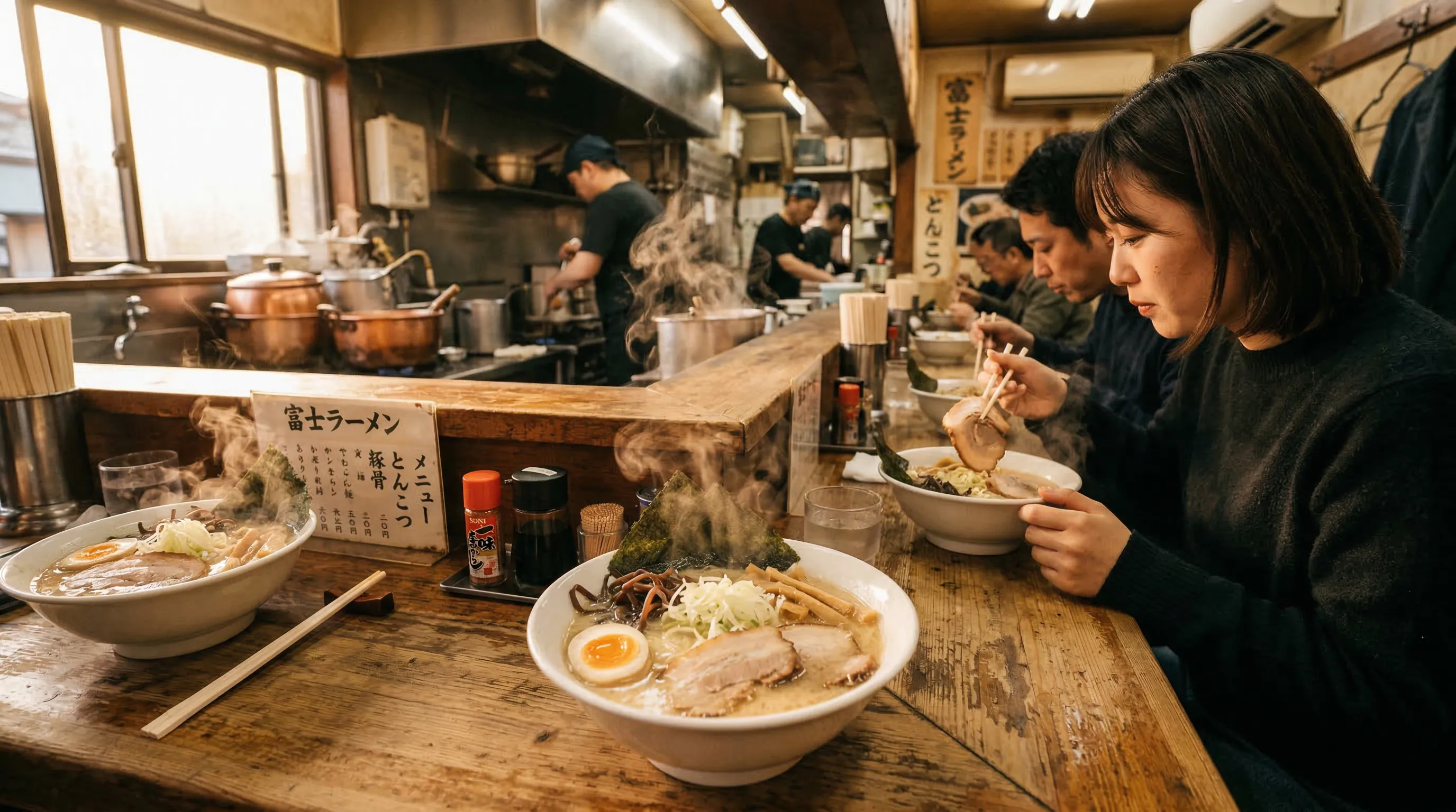 Dampf steigt aus reichhaltigen Tonkotsu-Schalen an der intimen Theke von Fuji Ramen auf
