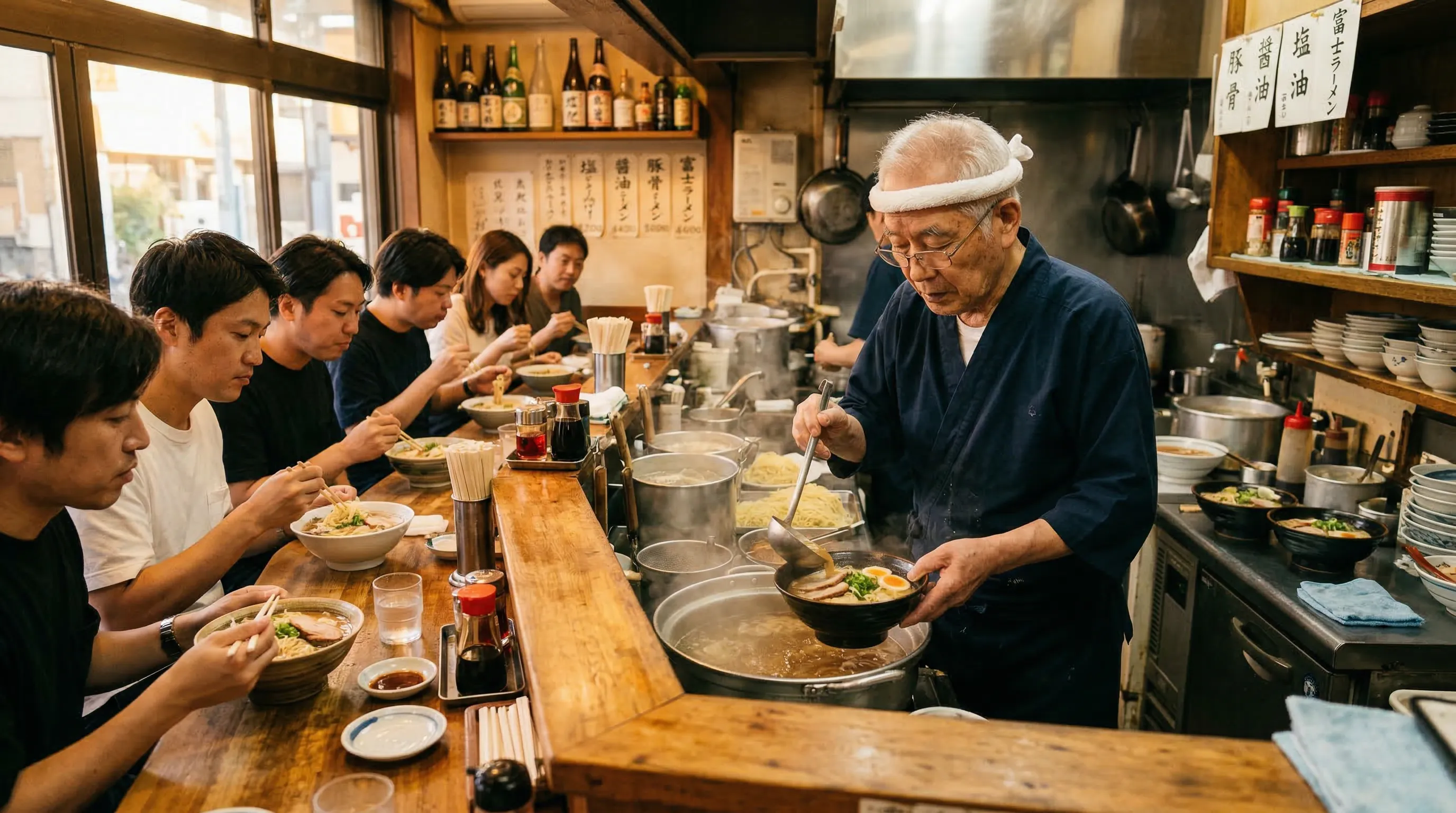 Intimate 8-seat counter at Fuji Ramen with elderly owner preparing bowls
