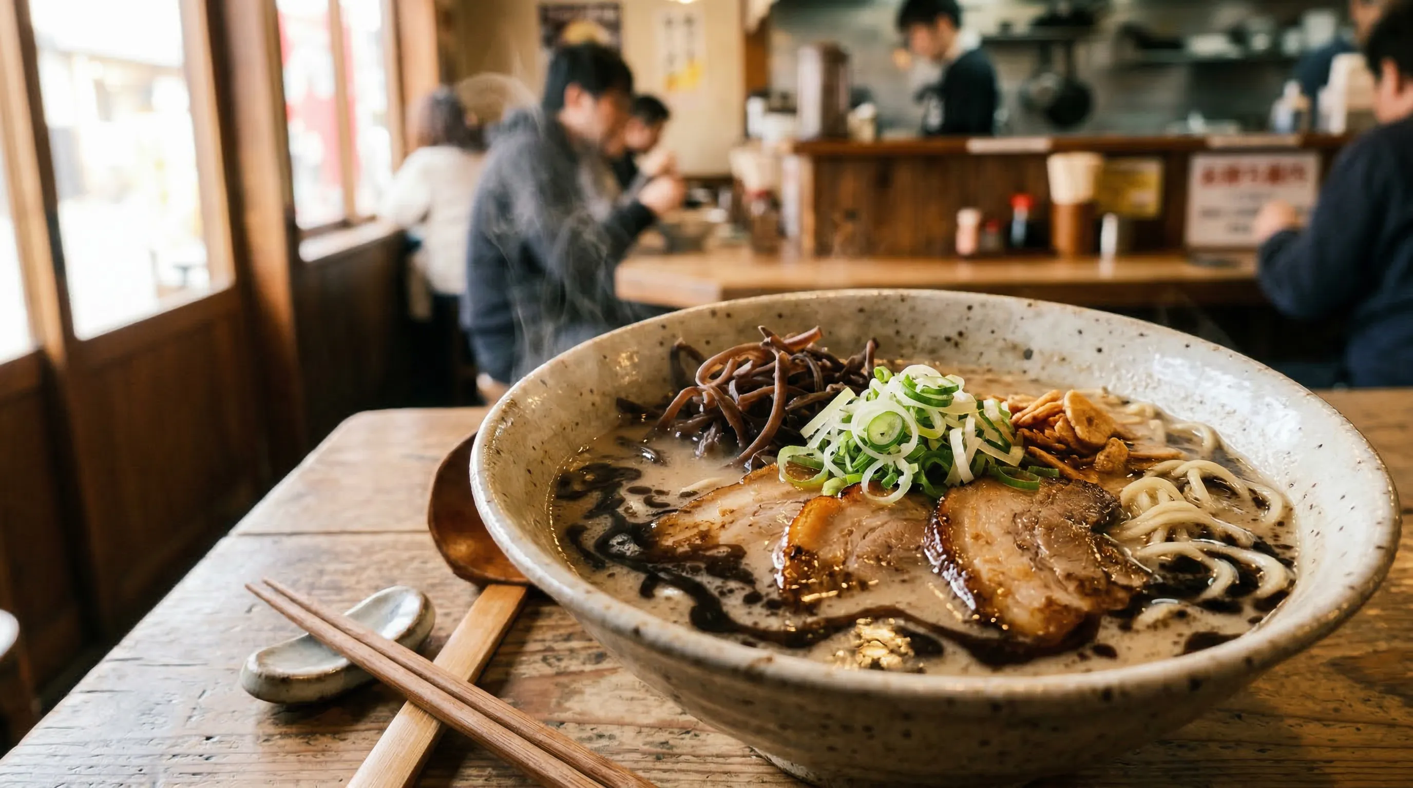 Steaming bowl of Kumamoto-style ramen with garlic oil floating on rich tonkotsu broth