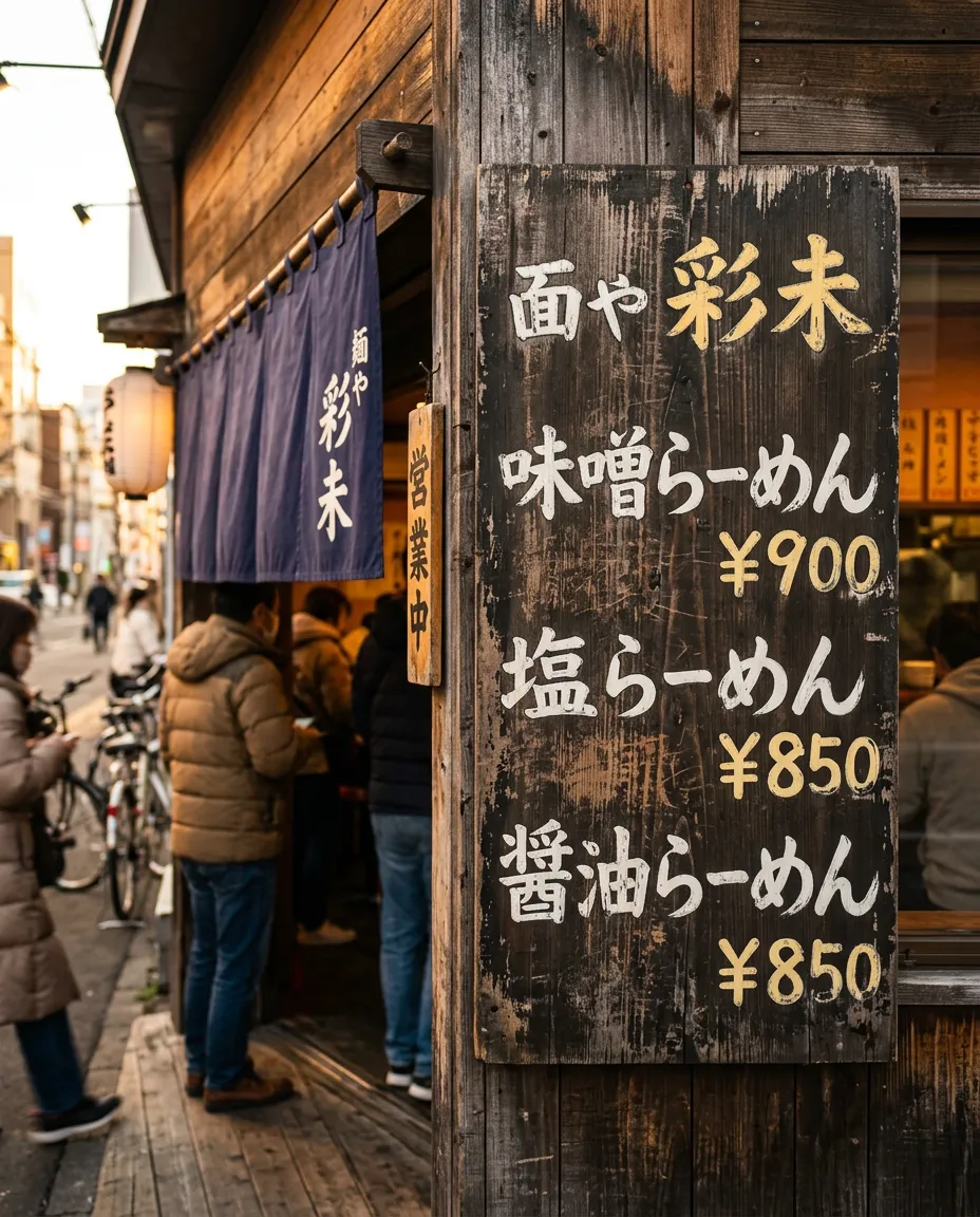Handbemaltes Holzschild als Speisekarte bei Menya Saimi, das Jahrzehnte der Abnutzung zeigt