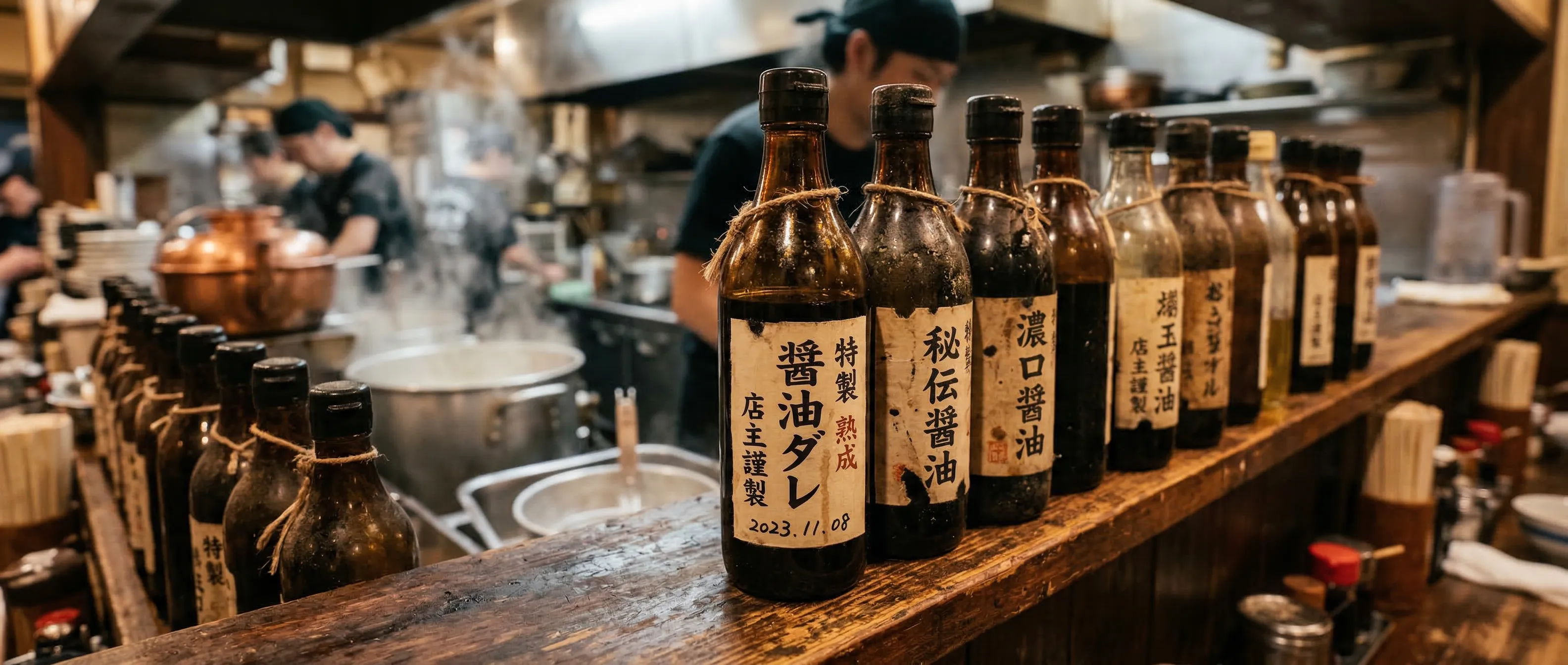 Rows of aged shoyu tare bottles lining the kitchen wall