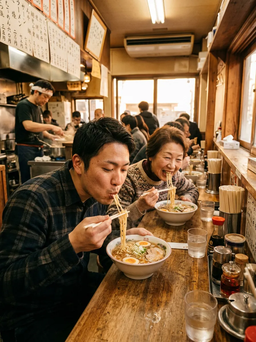 Einheimische demonstrieren die richtige Ramen-Schlürftechnik an der Theke