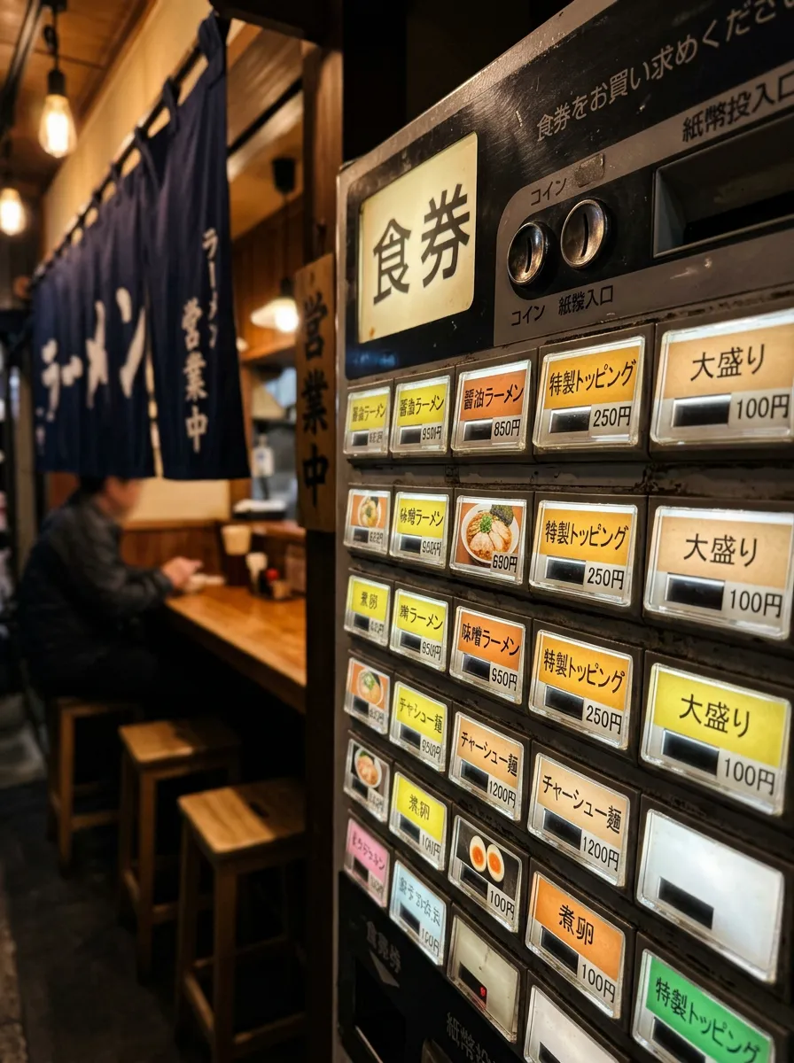 Ticketautomat mit japanischen Knöpfen in einem lokalen Ramen-Laden