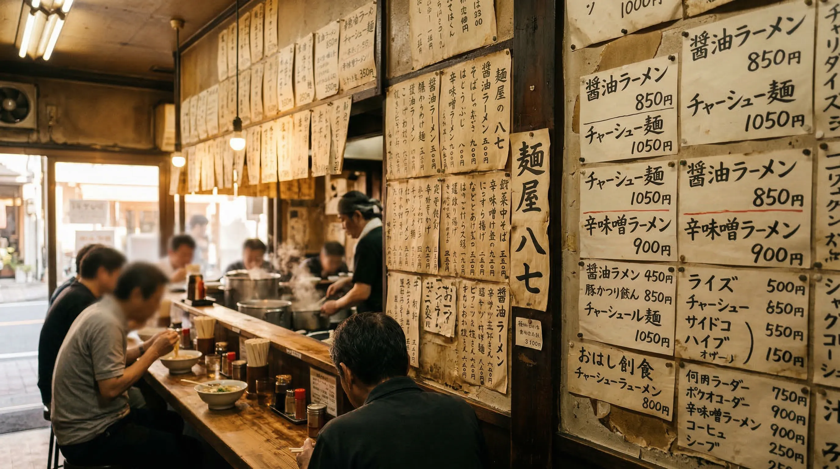 Handwritten menu on aged paper covering the walls of Ramen Yashichi