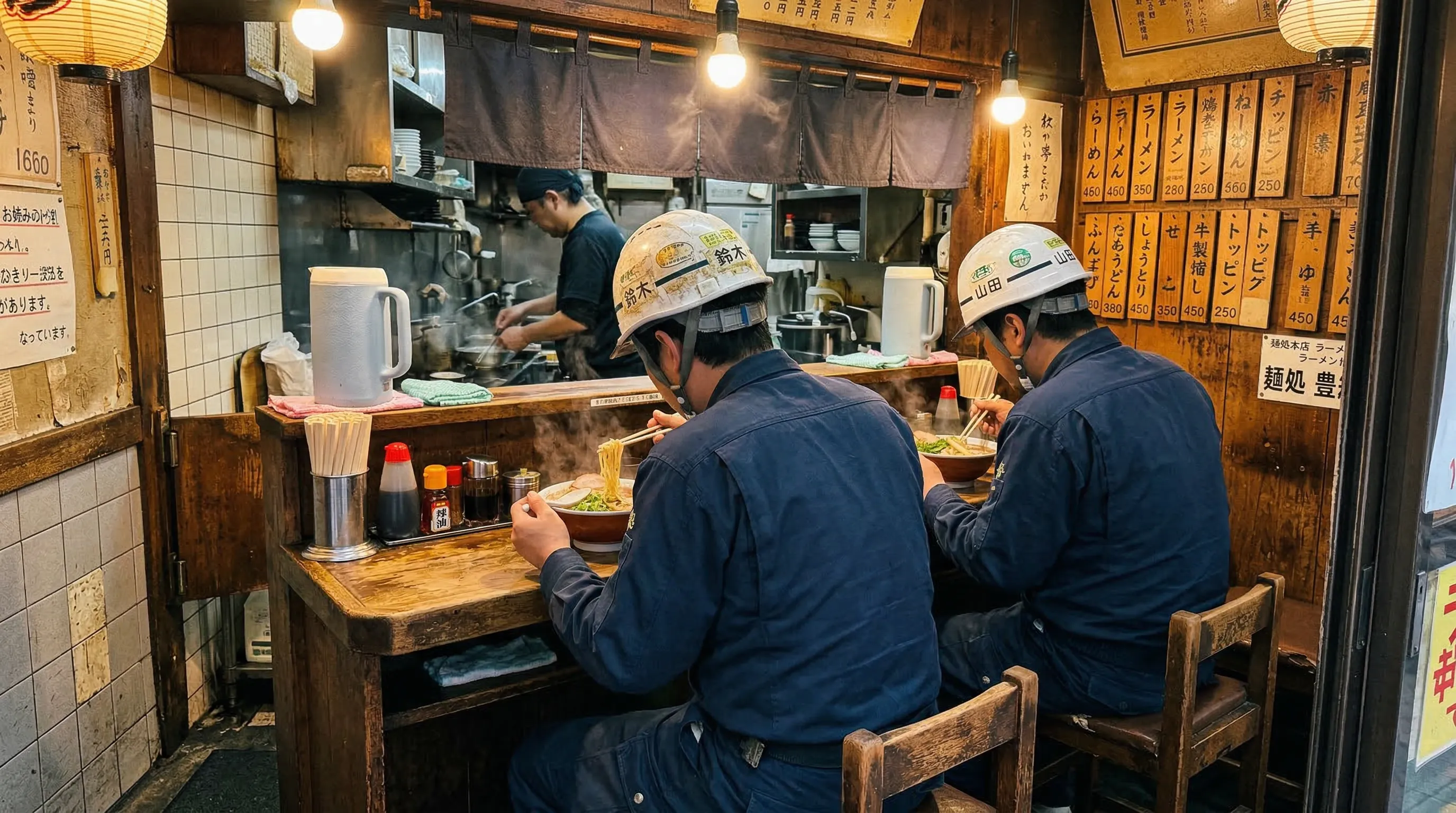 Bauarbeiter in Schutzhelmen essen Ramen an Takemuras enger Theke